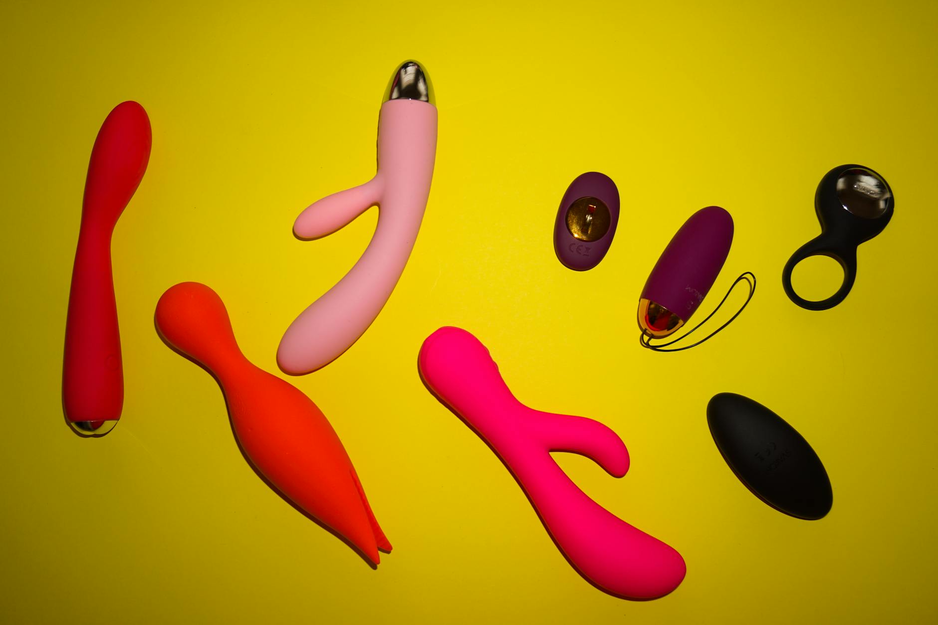 Vibrant collection of colorful sex toys and flowers arranged together